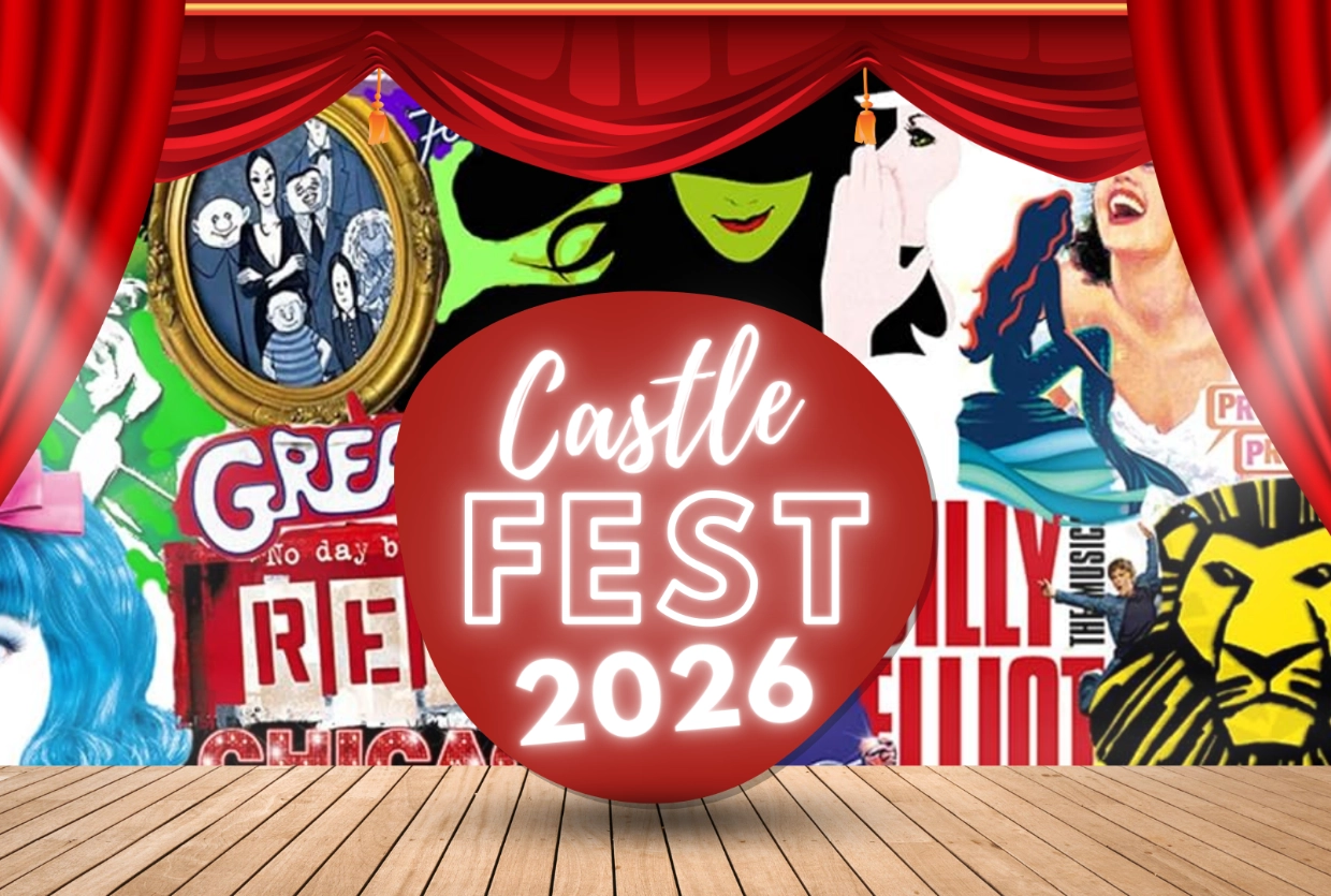 a design with musical theatre logos on a stage