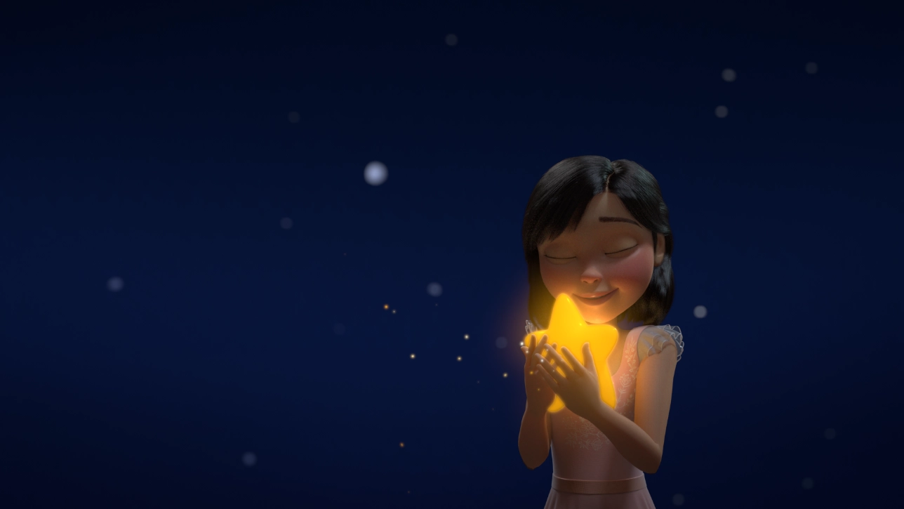 animation of young girl at night embracing a star