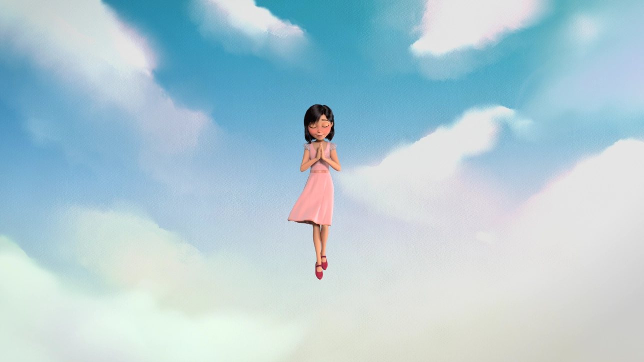 animation of girl floating in sky with hands together in prayer