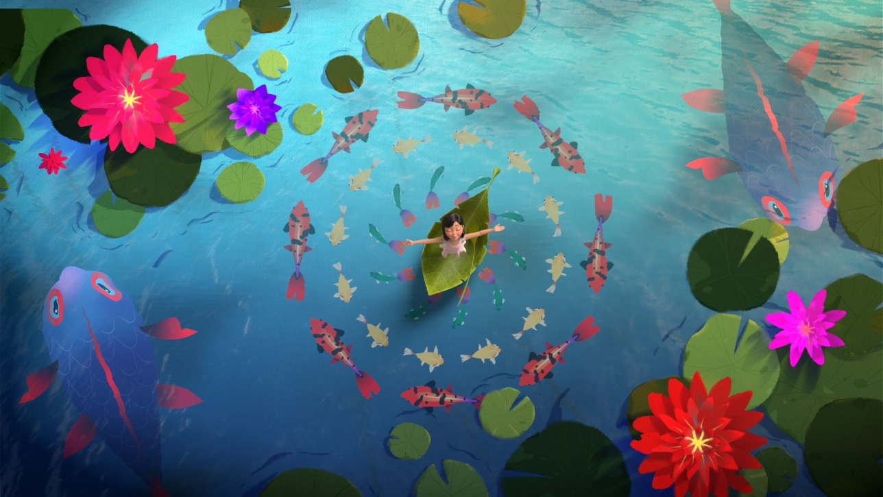 animation of girl in boat made from leaf surrounded by fish and flowers