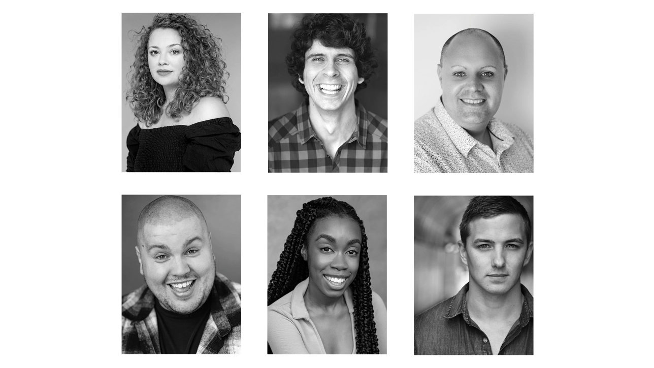 Black and white head shots of Carrie Hope Fletcher, Andy Day, Michael J Batchelor, Scott Paige, Chrystine Symone and Luke Walsh